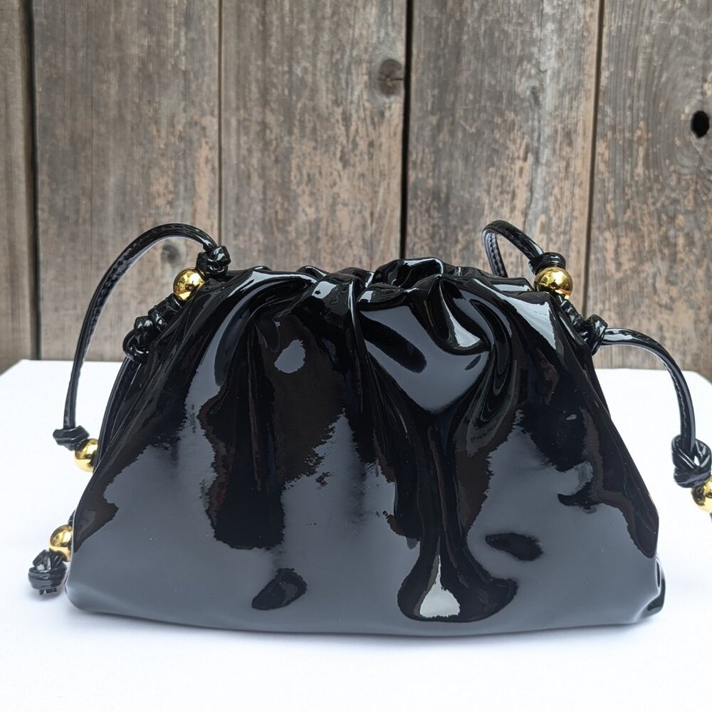 Black Leather Crossbody Bag Small Pouch Purse with Gold Beads Shiny Mini Bag NW